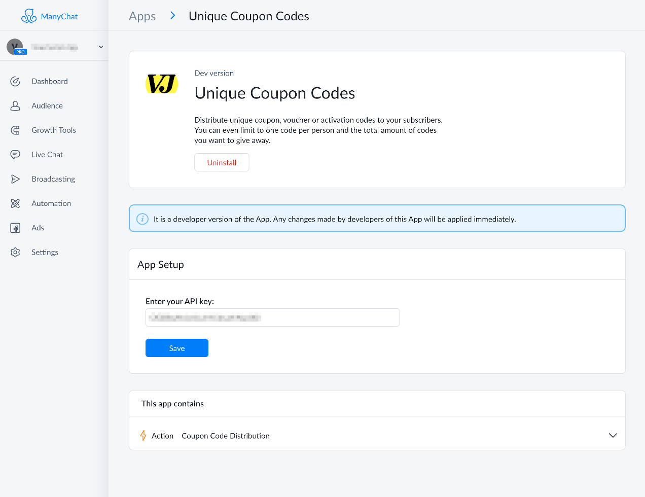 manychat coupon code app settings